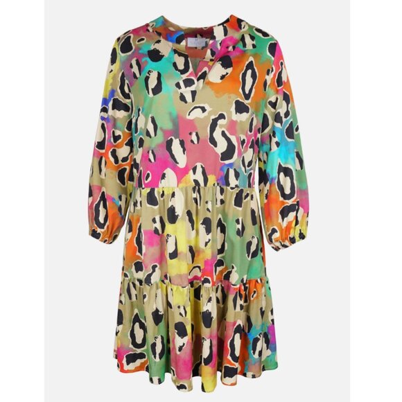 Mucho Gusto Women's Multicolor Leopard San Rafael Short Tiered Dress Size L - Picture 1 of 5